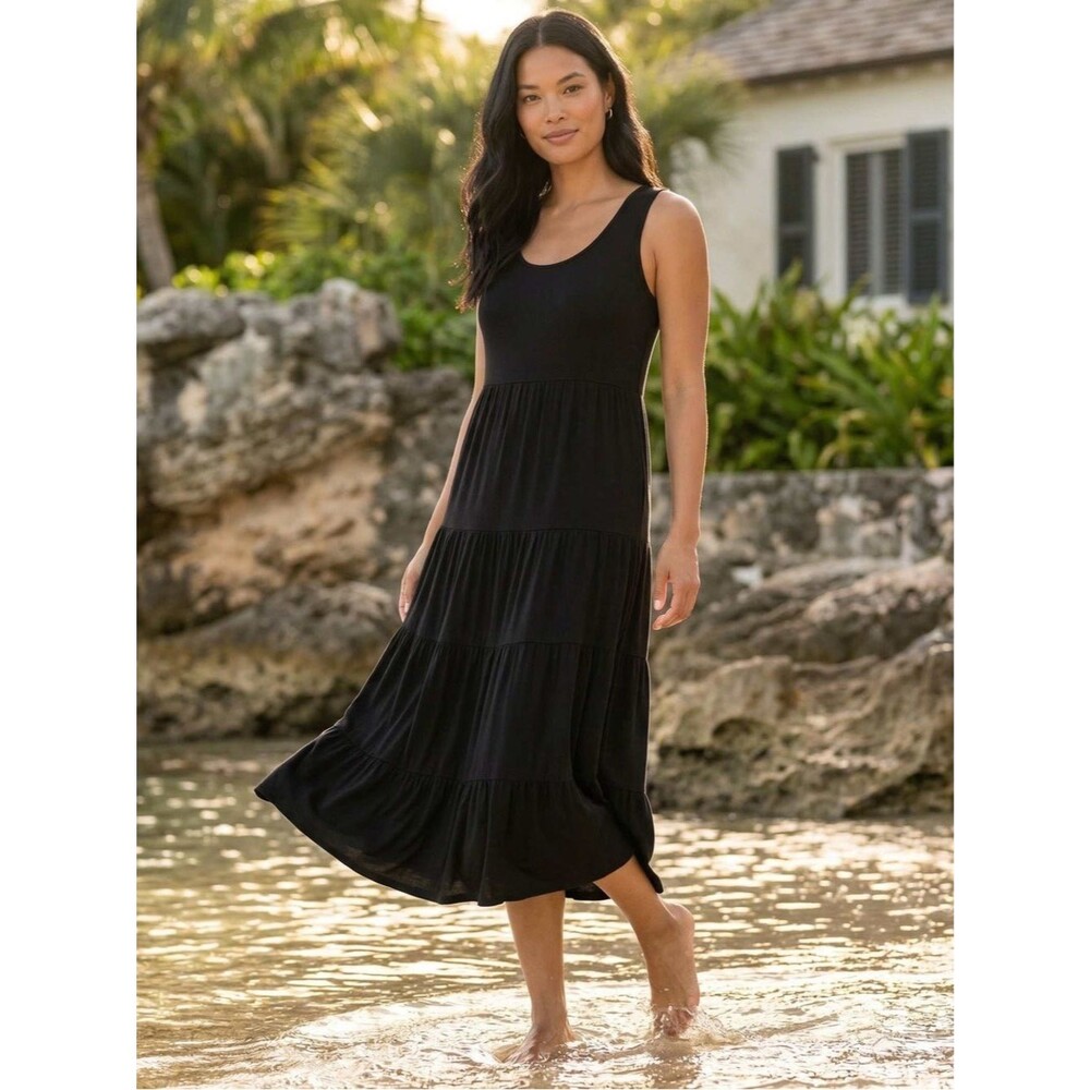 NWT Karen Kane Tiered Midi Dress Black XSP Sleeveless Rayon Jersey Made USA